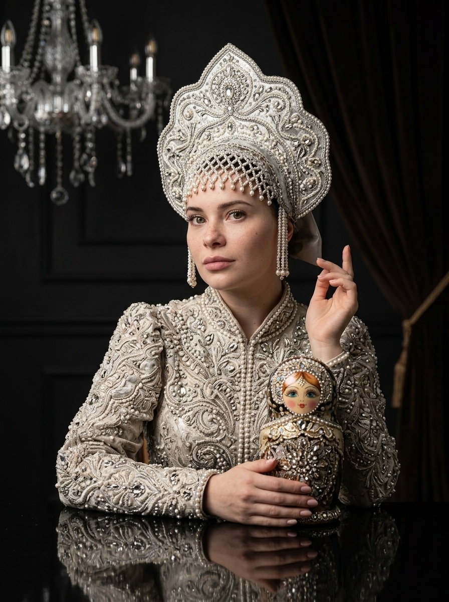 Fashion-портрет девушки в кокошнике с матрёшкой