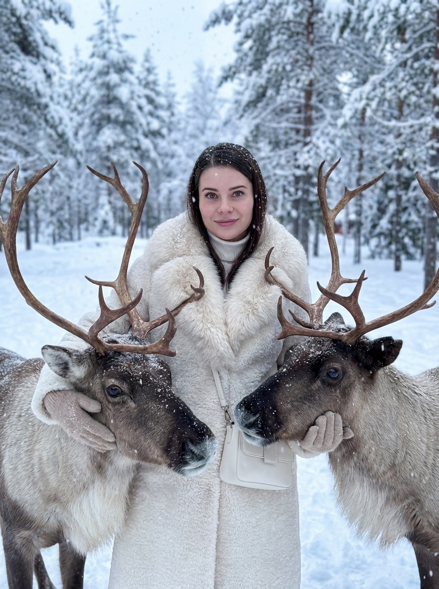 Зимняя фотосессия с оленями в снежном лесу