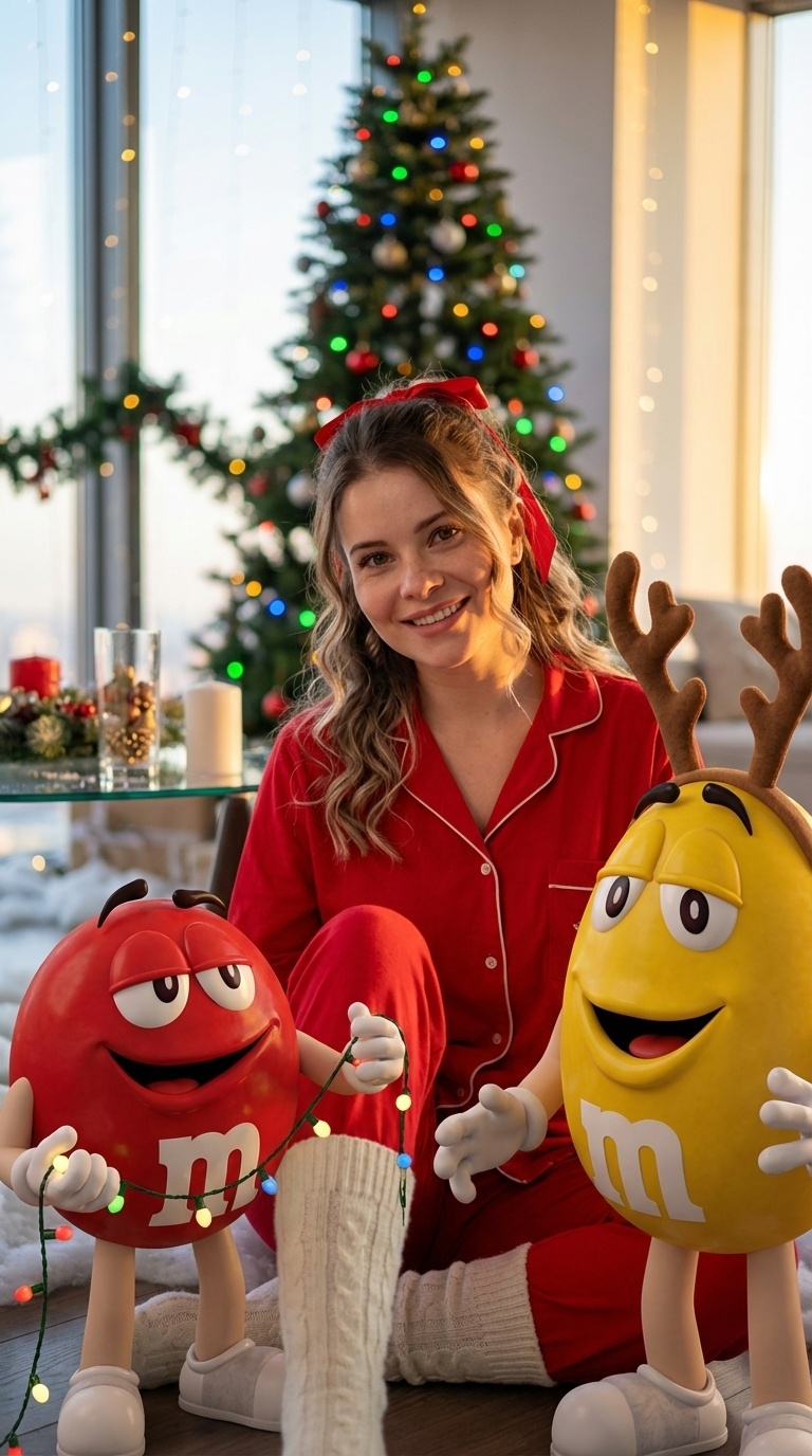 Гиперреалистичный портрет девушки в новогоднем лофте с M&M’s