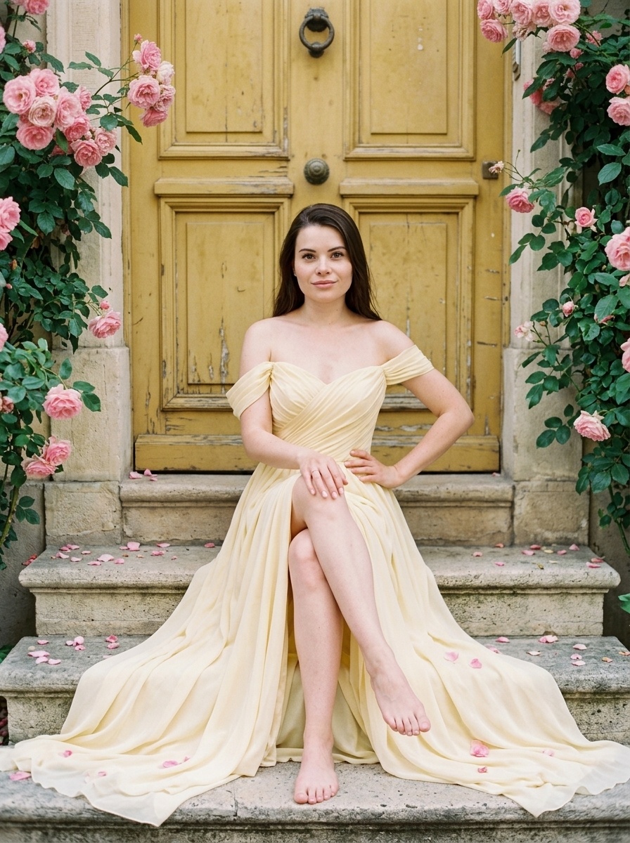 Fashion-портрет женщины на лестнице с розами