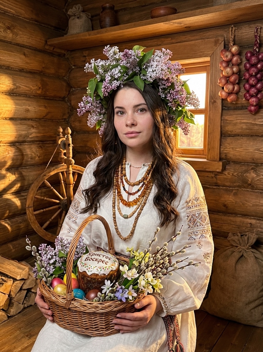 Девушка в русском наряде с пасхальной корзиной