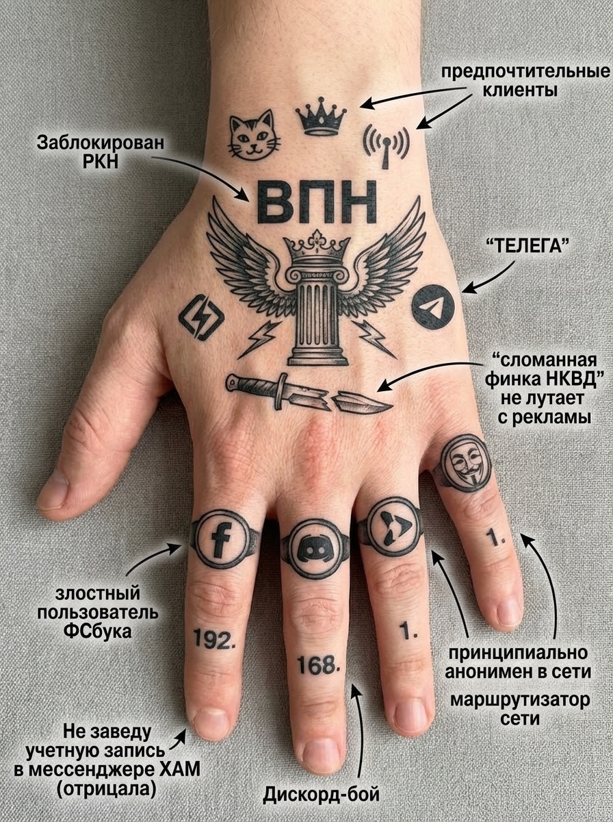 Детализированная фотография руки с татуировками и выносками на сером фоне