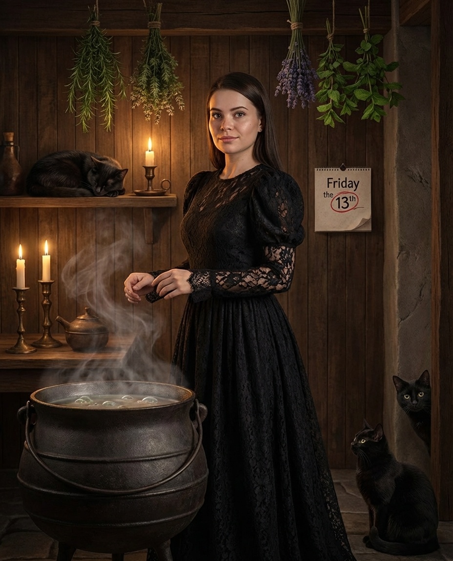 Портрет женщины в dark cottagecore кухне с котлом и кошками