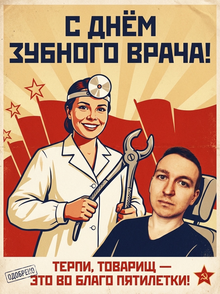 Советский агитационный плакат с зубным врачом и пациентом в стиле 1960-70-х