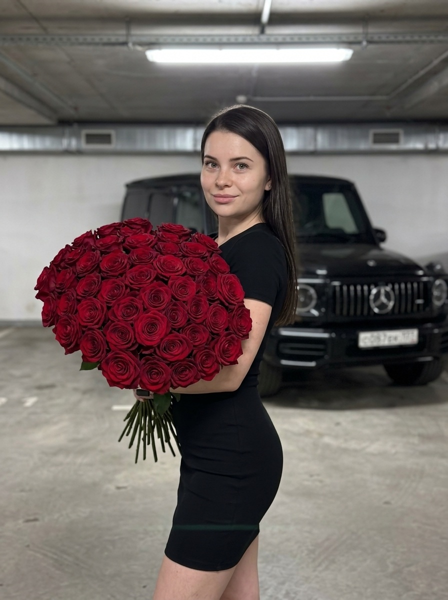 Модный портрет с розами в индустриальном паркинге
