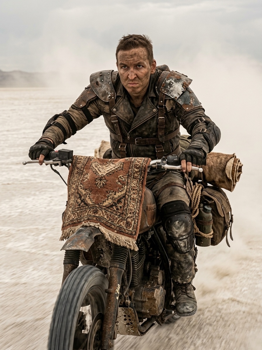 Постапокалиптический байкер в соляной пустыне Mad Max