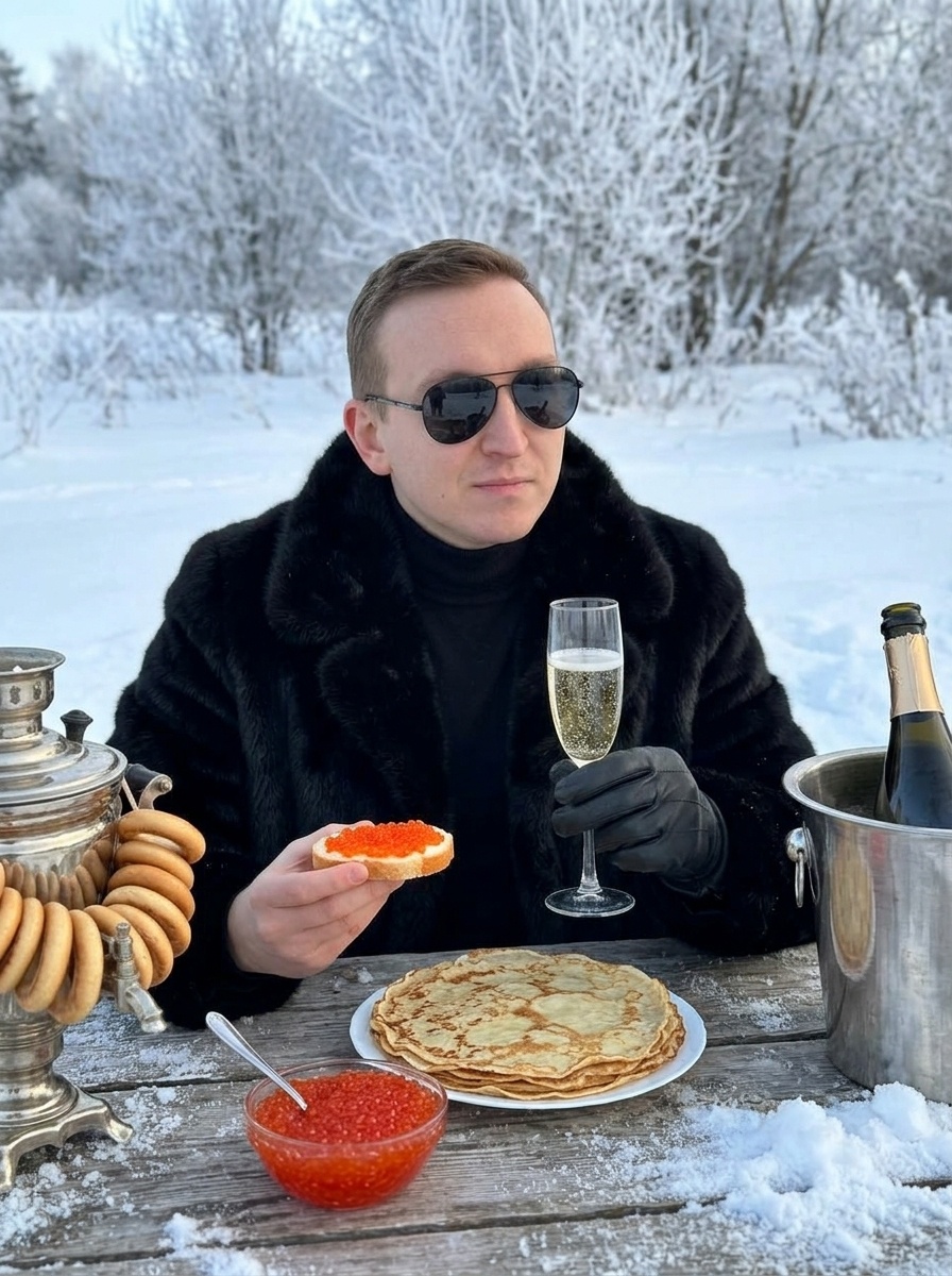 Мужчина в чёрной шубе с шампанским и икрой на снегу