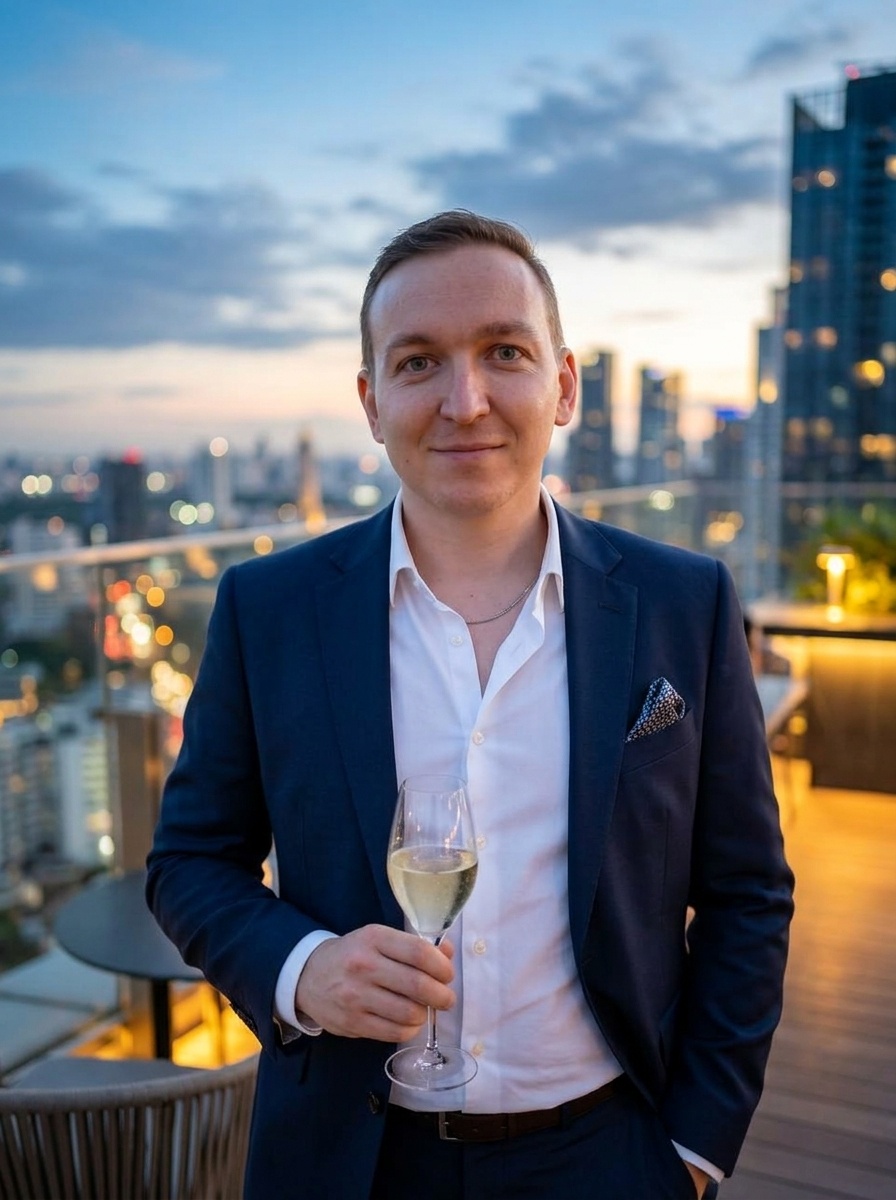 Вечерний rooftop-портрет мужчины в костюме на фоне города